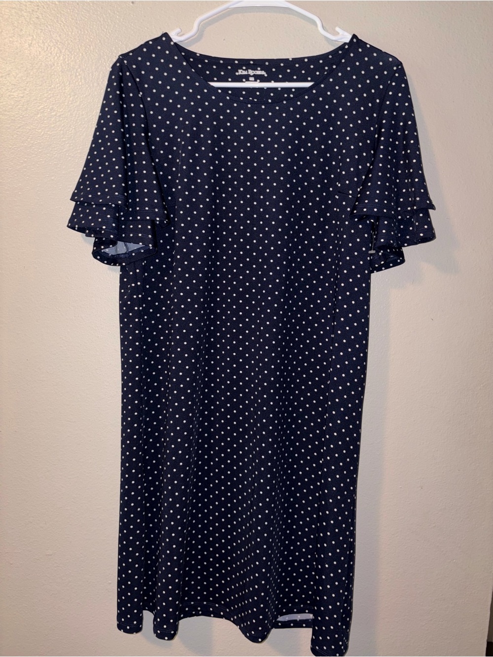 Kim Rogers Navy Polka Dot Midi Dress with Ruffle Sleeves